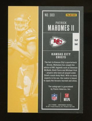 2017 Contenders Rookie Ticket Red Zone Patrick Mahomes Chiefs RC AUTO 2