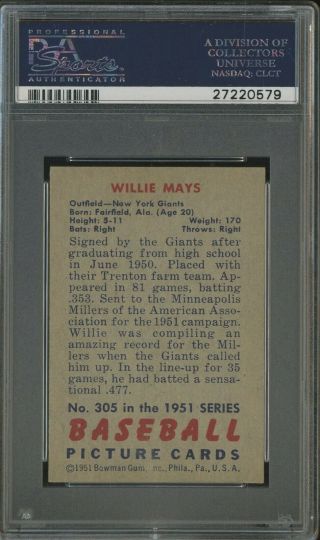 1951 Bowman 305 Willie Mays Giants RC Rookie HOF PSA 5 EX 