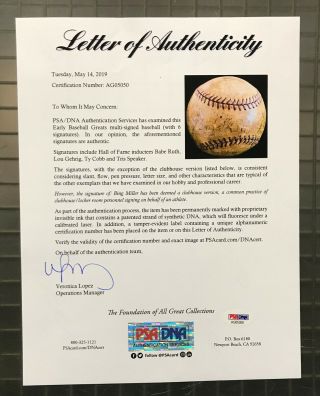 BABE RUTH Ty Cobb Lou Gehrig & Tris Speaker Multi Signed Baseball PSA/DNA LOA 7