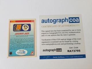 Jaromir Jagr Pittsburgh Penguins Autographed Hockey Card 1990 Score Rookie ACOA 2