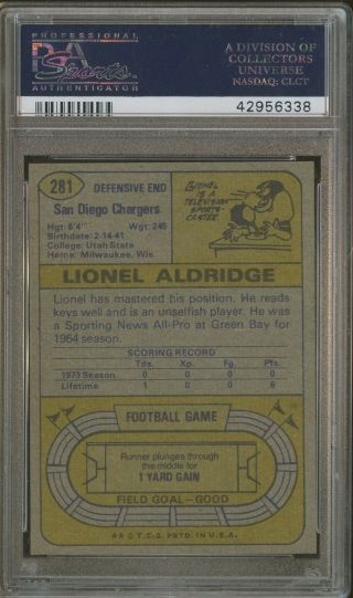 1974 Topps Football 281 Lionel Aldridge Chargers PSA 10 GEM 