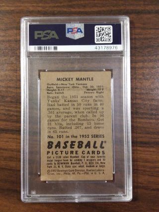 1952 Bowman Mickey Mantle 101 PSA 5 EX CENTERED Great Color Just Graded 2