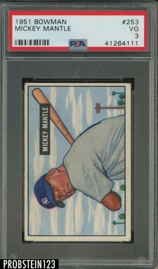 1951 Bowman 253 Mickey Mantle Yankees Rc Rookie Hof Psa 3 " Iconic Card "