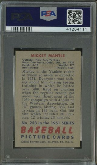 1951 Bowman 253 Mickey Mantle Yankees RC Rookie HOF PSA 3 