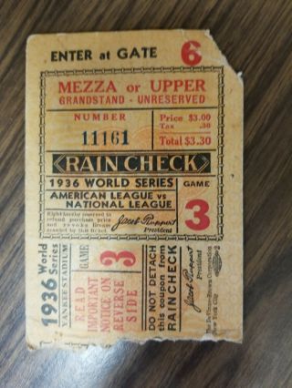 1936 World Series Ticket Stub - Yankees - Giants - Game 3