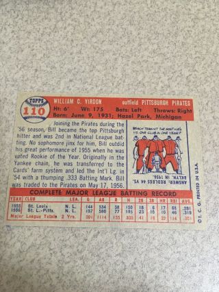 1957 Topps Pittsburgh Pirates Baseball Card 110 Bill Virdon - NM/MINT 2