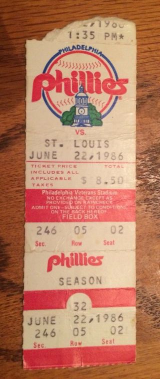 6/22/86 Mike Schmidt Hr 470 Ticket Stub - Philadelphia Phillies Vs St Louis Cards