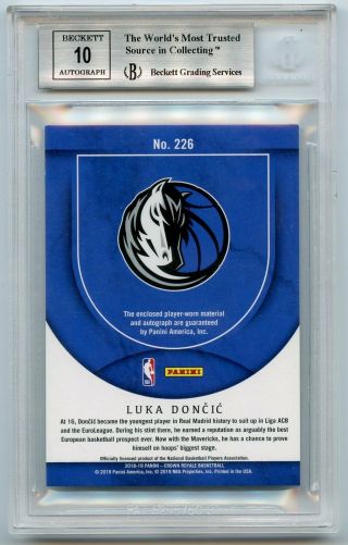 2018 - 19 Crown Royale LUKA DONCIC Prime PATCH AUTO SILHOUETTE /25 BGS 8.  5 10 ROY 2