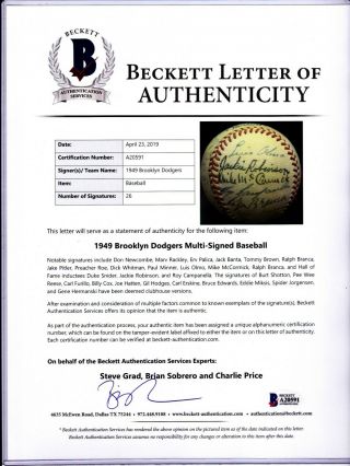 1949 Brooklyn Dodgers Autograph Baseball 27 Sigs Robinson Campanella Beckett Loa