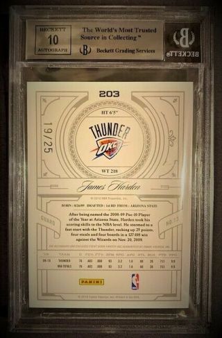 2009 - 10 National Treasures 203 James Harden Rookie Patch Auto RC /25 BGS 9/10 2