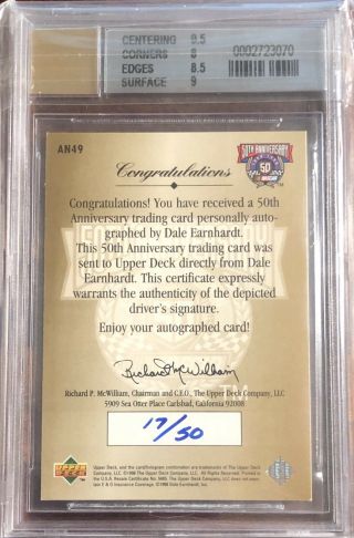 1998 Road To The Cup 50th Anniversary AUTO Dale Earnhardt /50 AN49 BGS 8.  5 POP 2 2