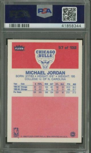 1986 Fleer Basketball Michael Jordan ROOKIE RC 57 PSA 9 - Pack Fresh Gem 2