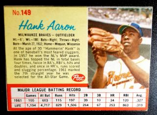 1962 Post Cereal 149 Hank Aaron Milwaukee Braves Hof