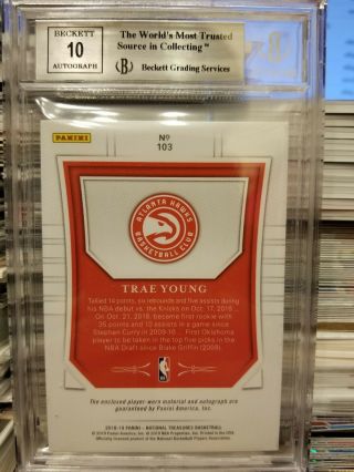 2018 - 19 National Treasures FOTL Trae Young Blue Rookie Patch Autograph 2/3 BGS9 2