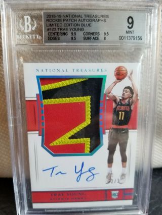 2018 - 19 National Treasures FOTL Trae Young Blue Rookie Patch Autograph 2/3 BGS9 3