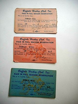 3 Buffalo Hockey Club Season Ticket Pass 1946 - 47 - 48 Ahl Sabres Memorial Bisons