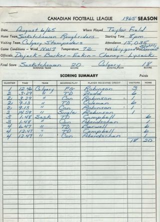 August 6 1965 Saskatchewan Roughriders Vs Calgary Stampeders Score Sheet Set