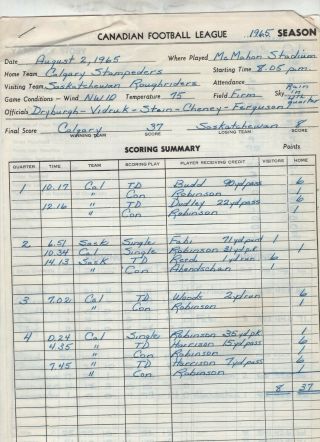 August 2 1965 Saskatchewan Roughriders Vs Calgary Stampeders Score Sheet Set
