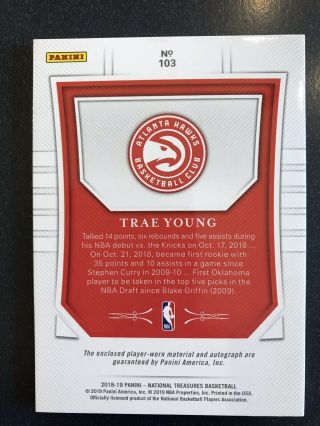 Trae Young 2018 - 19 National Treasures RC Auto Patch RPA 22/99 SICK PATCH 3
