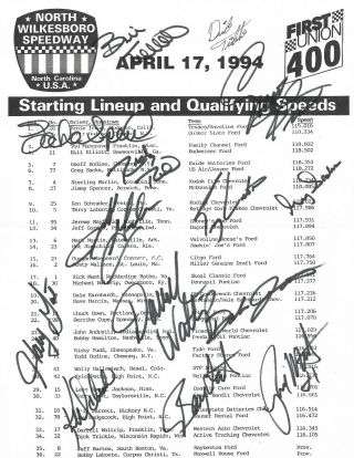 1994 N.  Wilkesboro Nascar Hand Signed Autographed Lineup Sheet