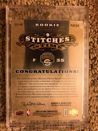 2007 08 KEVIN DURANT Rookie Chronology Stitches in Time RC Auto Patch /35 2