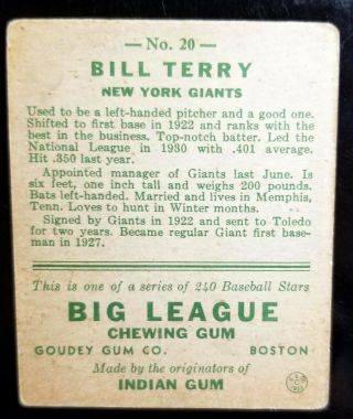 1933 Goudey Gum 20 Bill Terry (HOF) York Giants 2