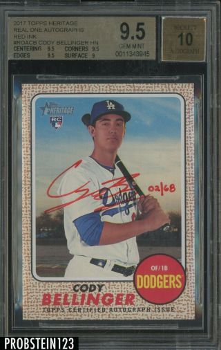2017 Topps Heritage Real One Cody Bellinger Rc Red Ink Auto /68 Bgs 9.  5 High