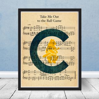 Vintage Take Me Out To Ball Game Chicago Cubs Logo Music Print Wall Art Harry