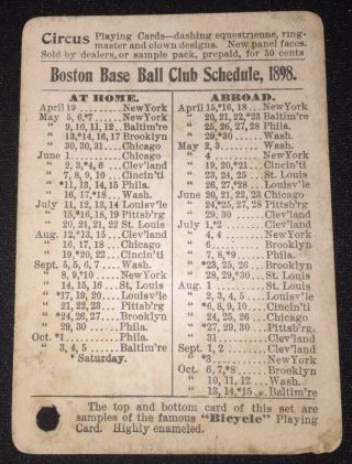 Rare 1898 Boston Beaneaters / Braves (nl Champs) Baseball Team Pocket Schedule