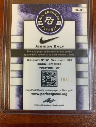 2018 Leaf Metal Perfect Game All American Jerrion Ealy Green Auto 10/10 2