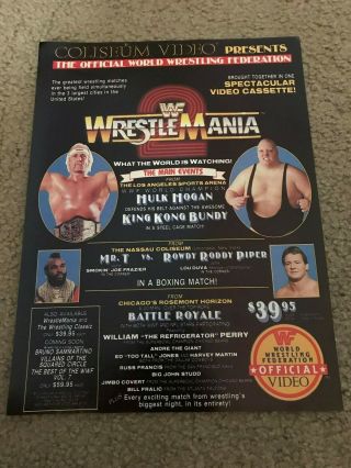1986 Wwf Wrestlemania 2 Video Poster Print Ad Hulk Hogan Rowdy Roddy Piper Mr.  T