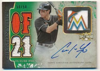 Christian Yelich 2014 Topps Triple Threads On Card Autograph Jersey Auto Sp /50