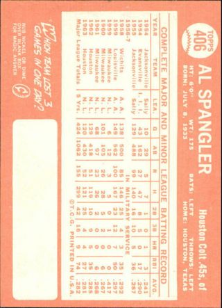 1964 Topps Houston Colt.  45s Baseball Card 406 Al Spangler - NM 2