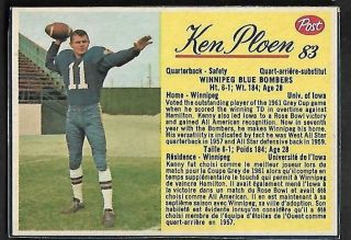 1963 Post Cfl Football: 83 Ken Ploen Qb,  Winnipeg Blue Bombers