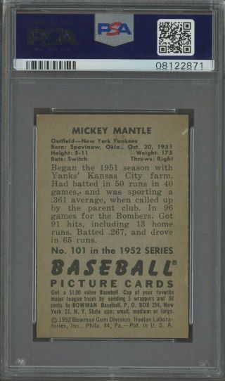1952 Bowman 101 Mickey Mantle York Yankees HOF PSA 7 