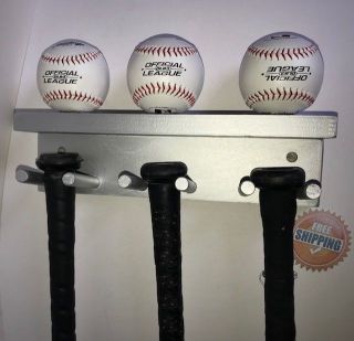 Baseball Bat Rack Display Holder 5 Full Size Bats 3 Balls Silver Wall Mount