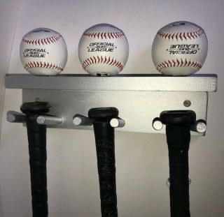 Baseball Bat Rack Display Holder 5 Full Size Bats 3 Balls Silver Wall Mount 2