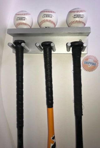 Baseball Bat Rack Display Holder 5 Full Size Bats 3 Balls Silver Wall Mount 3