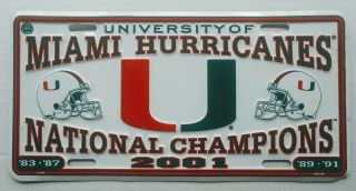 Miami Hurricanes 2001 National Championship License Plate -
