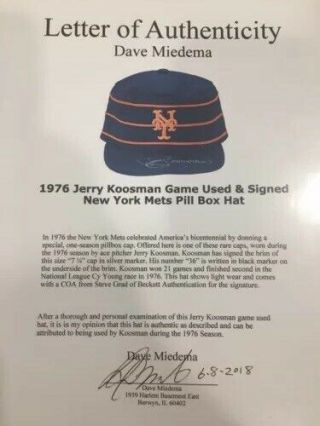 Mets Jerry Koosman Game Worn 1976 Pillbox Cap Hat Signed 7