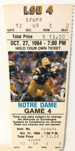 1984 Lsu Tigers Vs Notre Dame Football Game Vintage Full Ticket 10/27/84