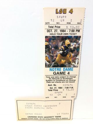 1984 LSU Tigers vs Notre Dame Football Game Vintage Full Ticket 10/27/84 2