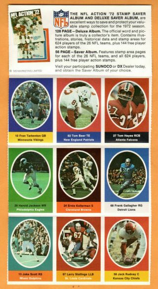 1972 Sunoco Nfl Action Stamps - 9 Stamp Sheet - Fran Tarkenton,  Jake Scott,