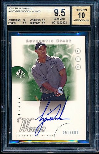 2001 Sp Authentic Golf Auto Tiger Woods Rookie Rc /900 Bgs 9.  5 10