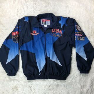 Usa Olympic Team Atlanta 1996 Champion Jacket Xl Blue Double Sided Lightweight