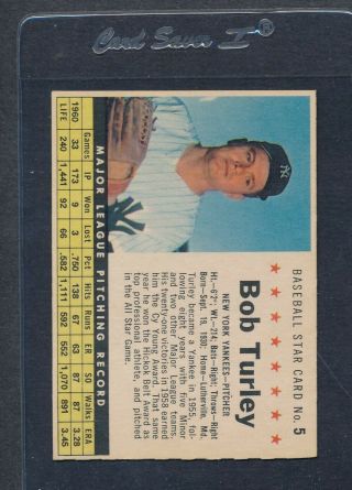 1961 Post Cereal 005 Bob Turley Yankees Ex/mt 1342