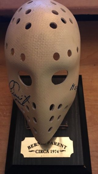 Philadelphia Flyers Bernie Parent Autographed Mini Fiberglass Goalie Mask Stand