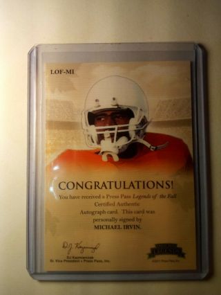 Michael Irvin 33/49 On Card Autograph Press Pass Legends Of The Fall 2