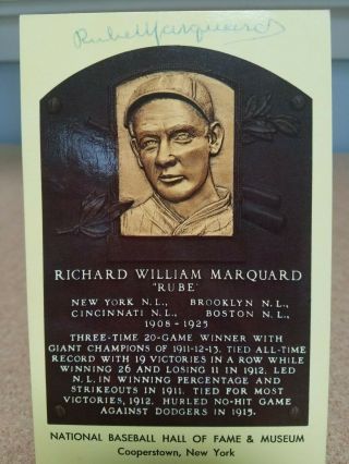 Rube Marquard Autographed Hall Of Fame Hof Yellow Plaque Postcard