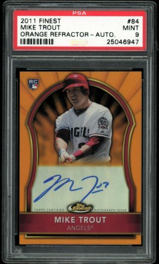 2011 Topps Finest 84 Mike Trout Orange Refractor Auto 53/99 Psa 9